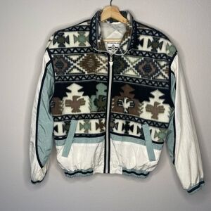 Unique Vintage East West Aztec Teal Brown White Fleece Nylon Windbreaker Medium